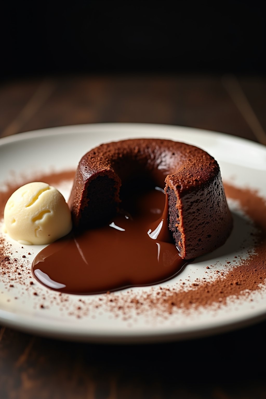 Chocolate lava cake on a white plate with warm molten chocolate flowing from the cut center, rich dark chocolate exterior, pool of liquid chocolate oozing out, scoop of vanilla ice cream melting be...