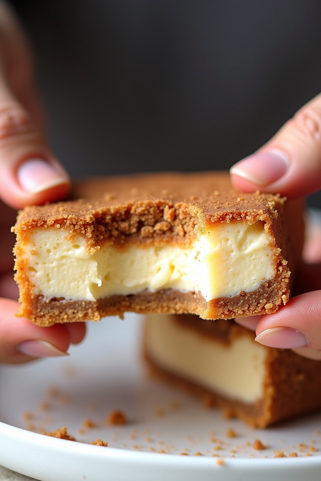Close-up cross section of a single churro cheesecake bar being pulled apart by two hands showing the stretchy creamy cheesecake filling between golden flaky cinnamon crust layers, cinnamon sugar cr...