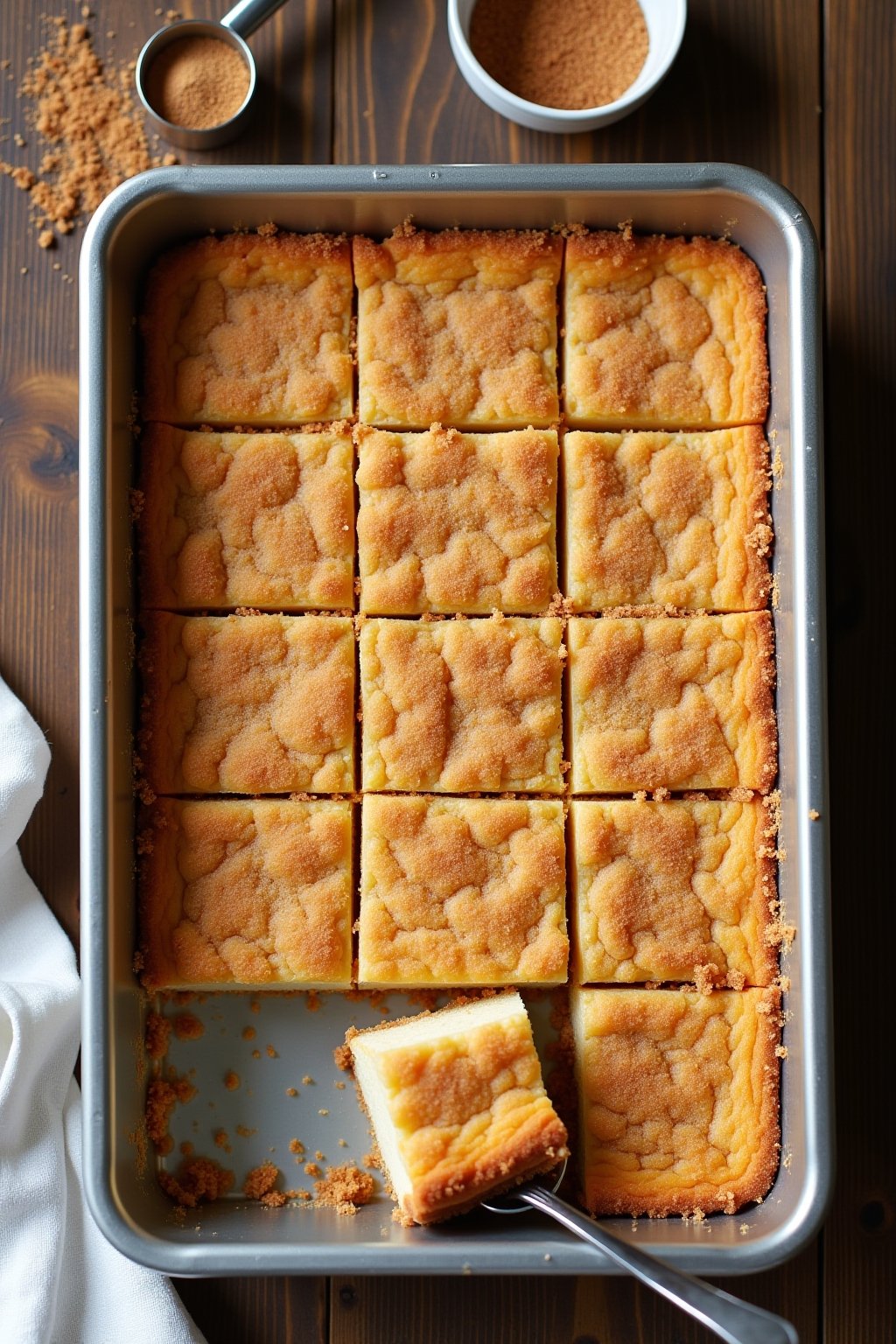 A full 9x13 pan of churro cheesecake bars sliced into a grid pattern viewed from above, golden cinnamon sugar crust on top with visible caramelization, a few bars slightly pulled away showing the c...