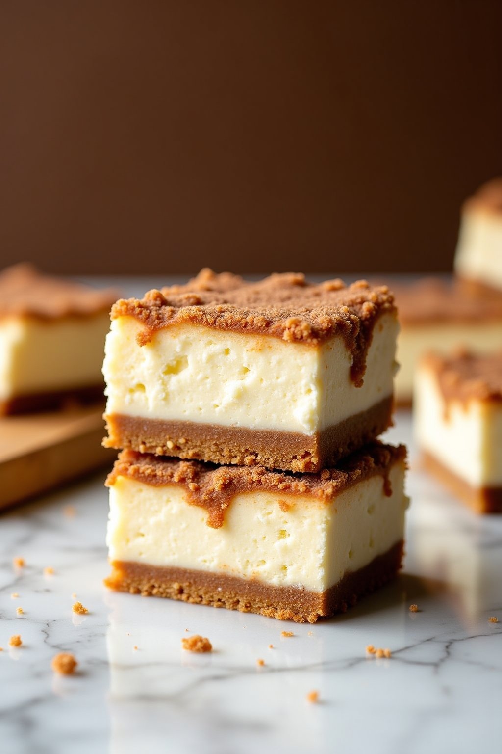 Churro cheesecake bars stacked three high on a white marble surface, golden flaky cinnamon sugar crust visible on top and bottom with thick creamy white cheesecake layer in the middle, generous cin...