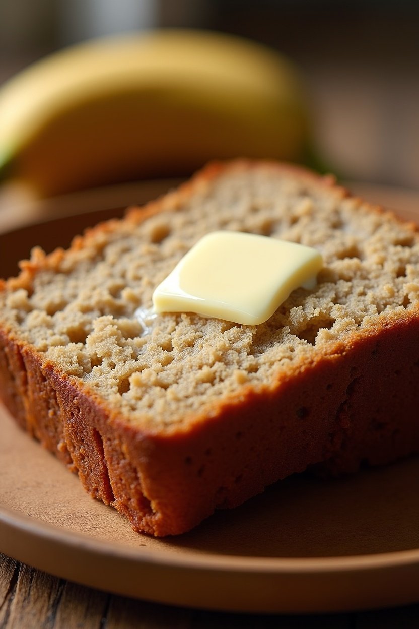 Close-up of a thick slice of banana bread with butter melting on top, moist tender crumb texture visible, wooden plate, cozy morning light
