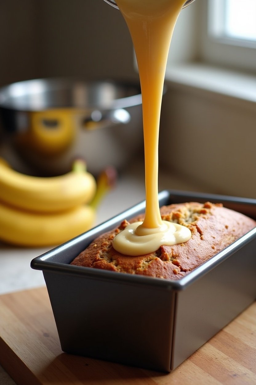 Banana bread batter being poured into a loaf pan, ripe bananas and mixing bowl in background, baking scene in warm kitchen, preparation food photography