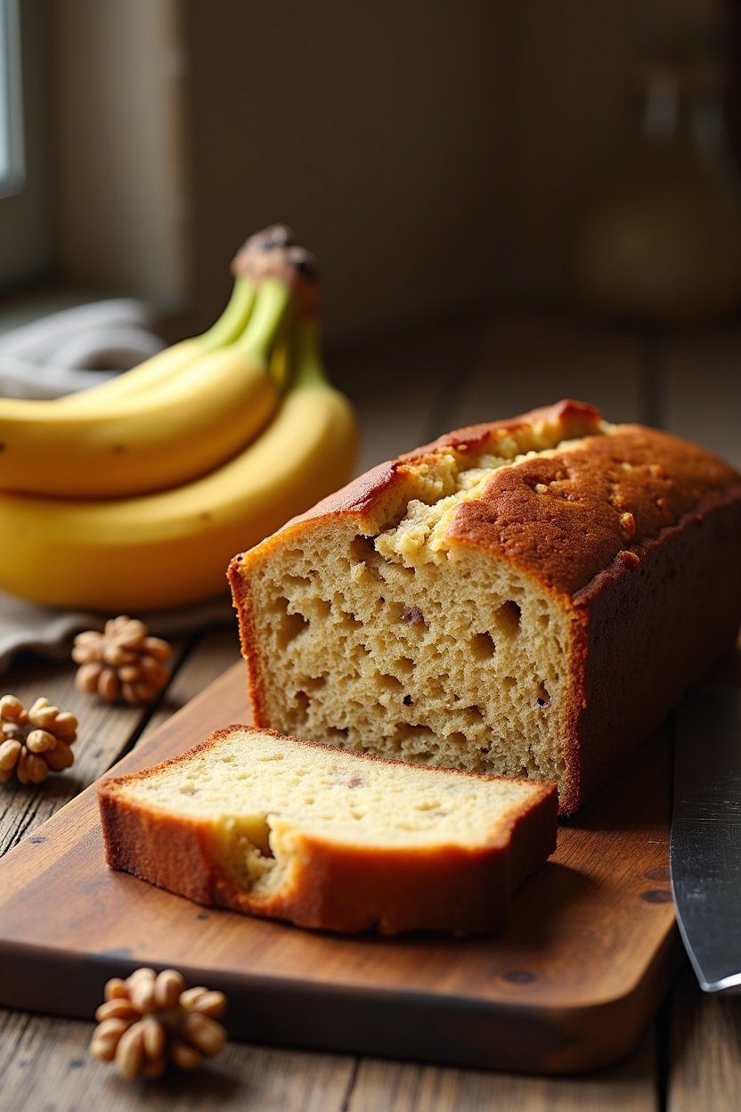Sliced banana bread loaf on a wooden cutting board, moist golden crumb visible, walnuts throughout, rustic kitchen background with ripe bananas nearby, warm lighting