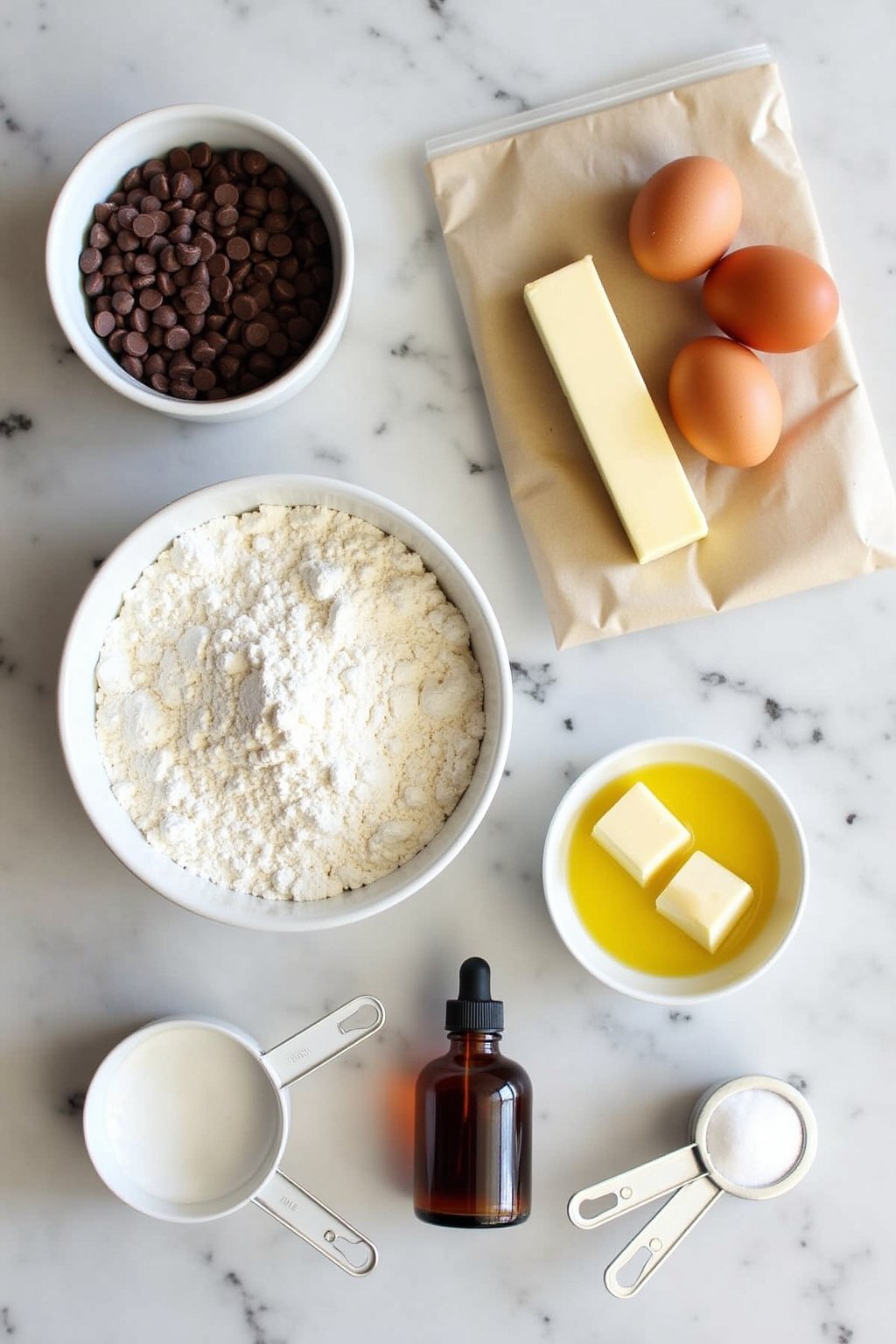 Flat lay mise en place of brownie ingredients on a marble countertop, bowl of cocoa powder, stick of butter, eggs, bag of chocolate chips, measuring cups with flour and sugar, vanilla extract bottl...