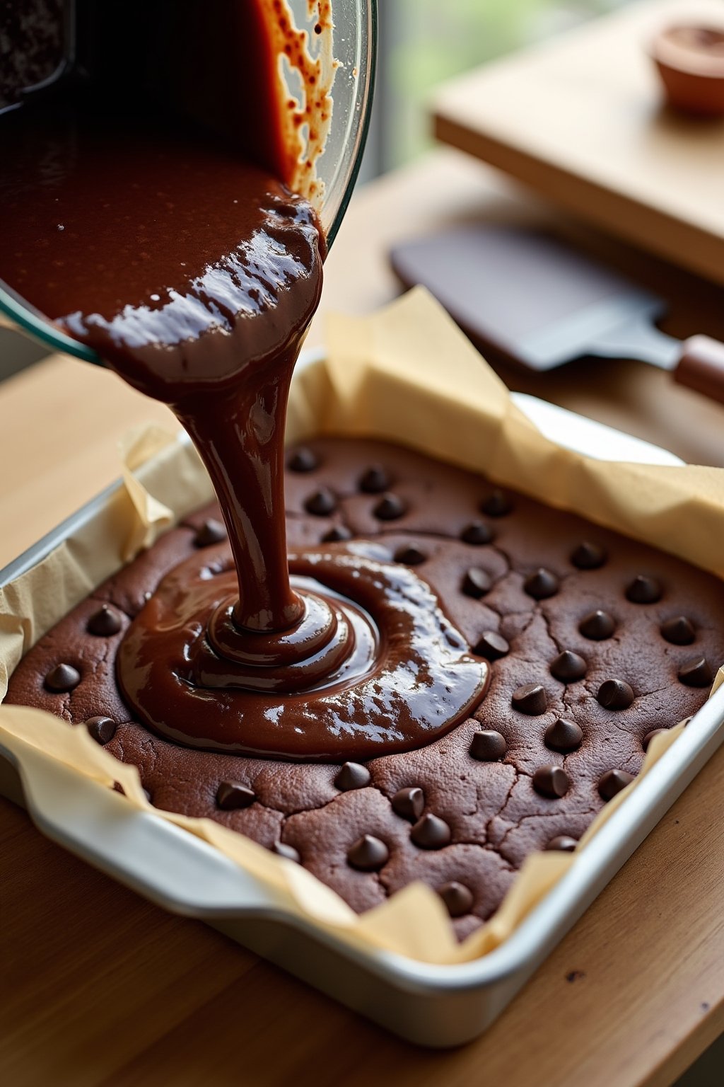 Action shot of thick dark chocolate brownie batter being poured into a parchment-lined baking pan, spatula spreading the glossy batter, chocolate chips visible throughout, kitchen counter scene, wa...