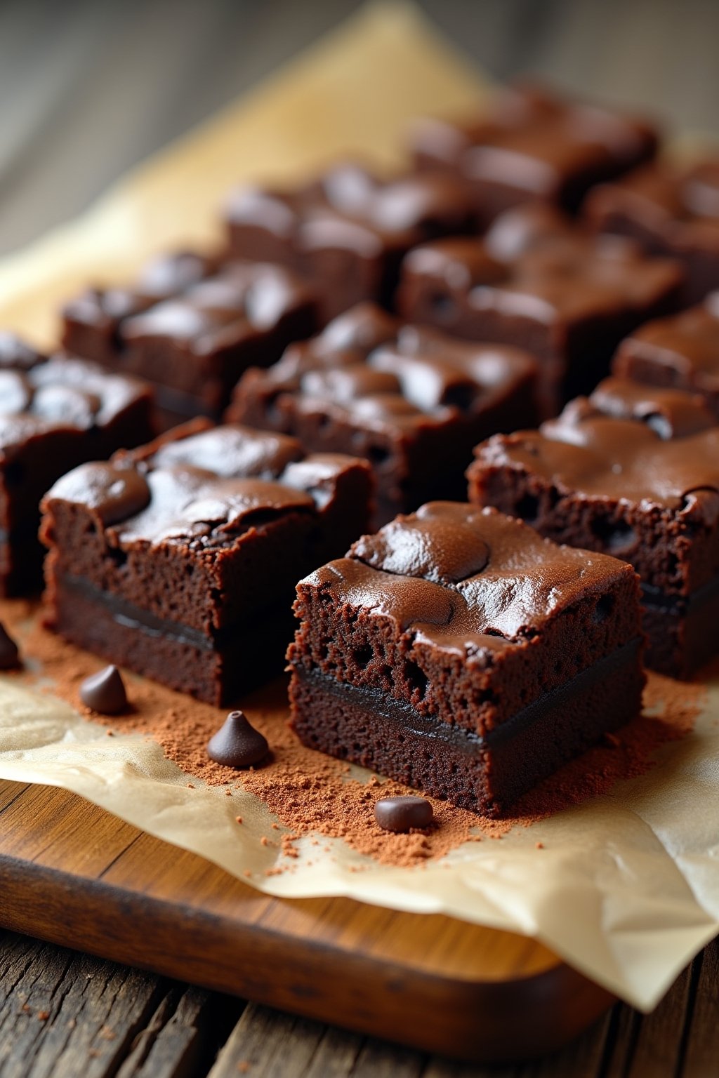 Beautiful tray of classic fudgy brownies cut into perfect squares on parchment paper, rich dark chocolate color with crackly shiny top, visible gooey fudgy center, chocolate chips visible, rustic w...