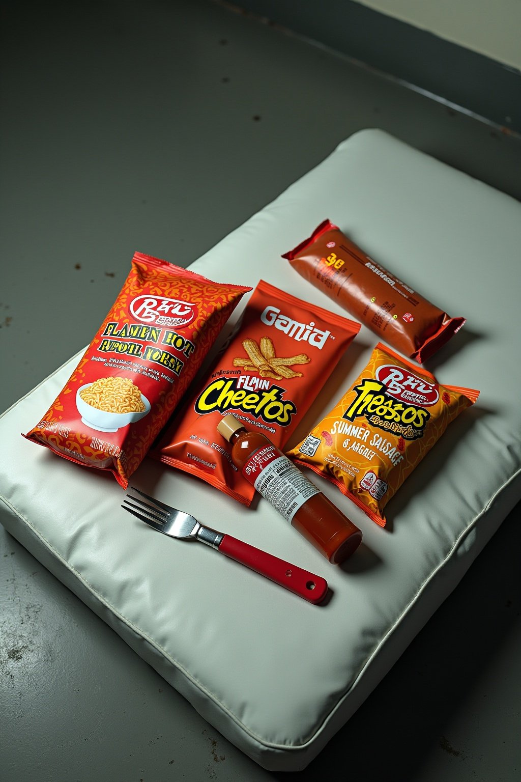 Commissary items laid out on a thin jail mattress, ramen noodle packages, flamin hot cheetos bag, summer sausage, squeeze cheese tube, hot sauce packets, plastic spork, simple harsh lighting