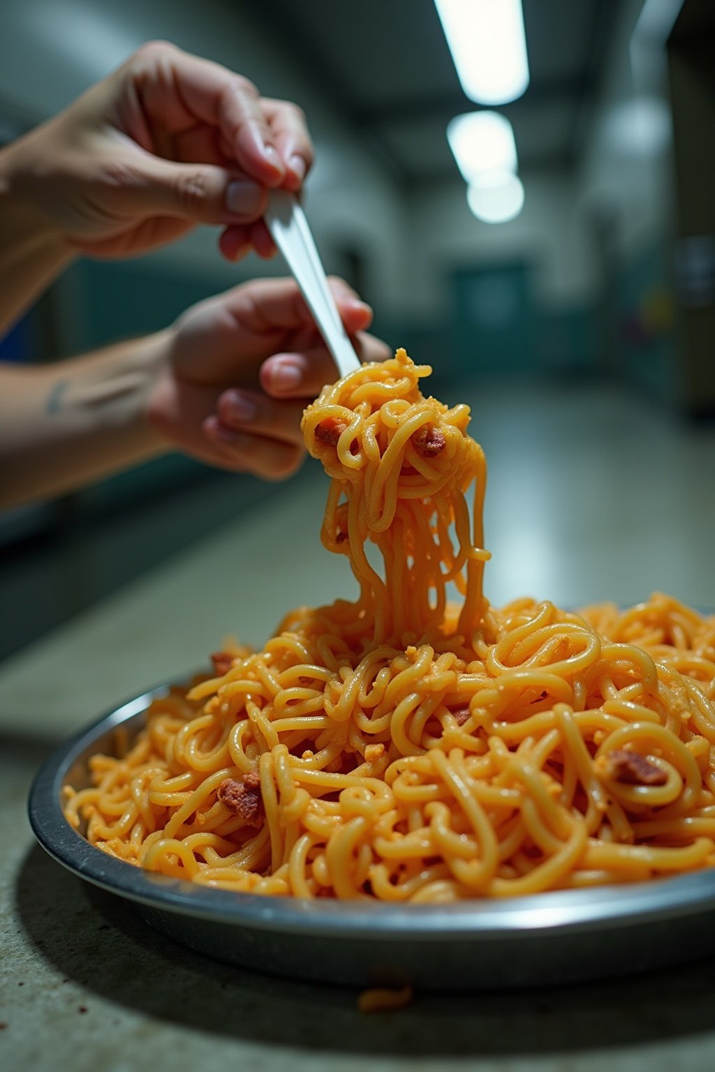 Hands scooping thick prison ramen spread from a chip bag with a plastic spork, dense orange cheesy mixture with visible crushed chips and meat pieces, eaten on a metal tray on a concrete surface