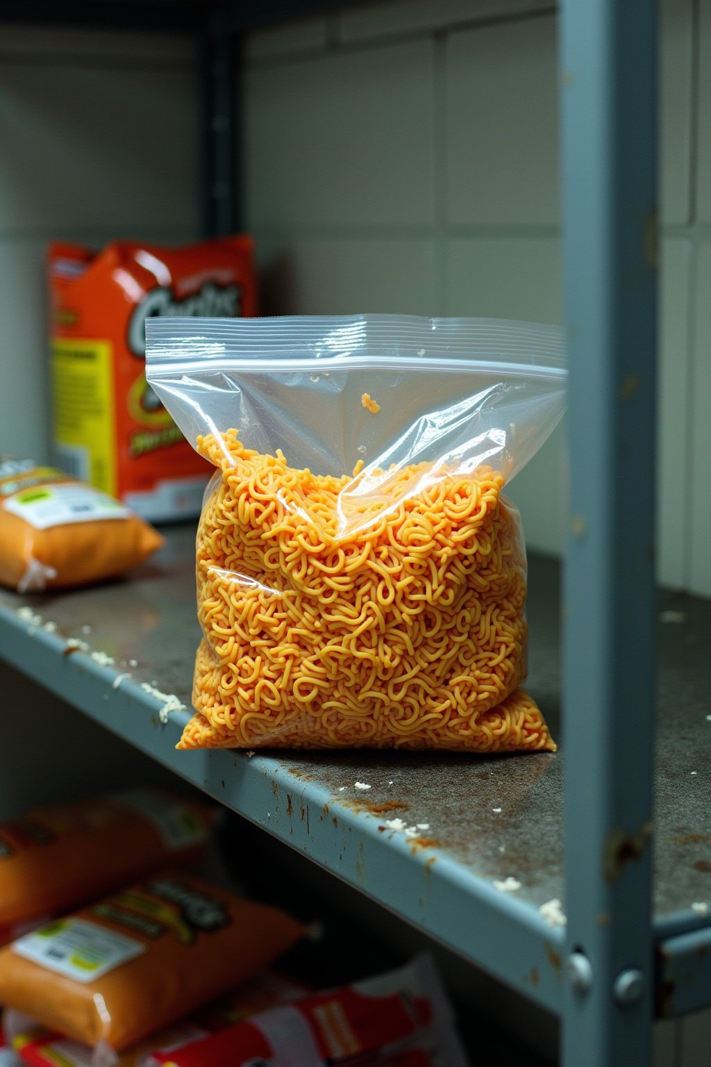Prison ramen spread mixed in a clear plastic bag on a bare metal bunk bed shelf, crushed ramen noodles mixed with crushed hot cheetos and squeeze cheese, orange colored mixture, commissary packages...
