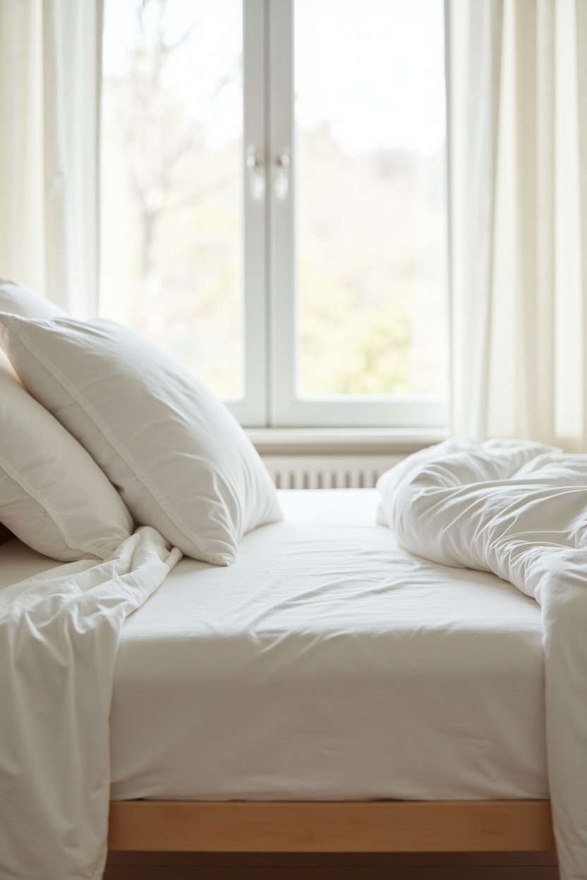 Clean bare mattress on bed frame in bright bedroom with fresh white sheets partially folded back, sunlight streaming through sheer curtains, clean and fresh atmosphere, minimal and crisp