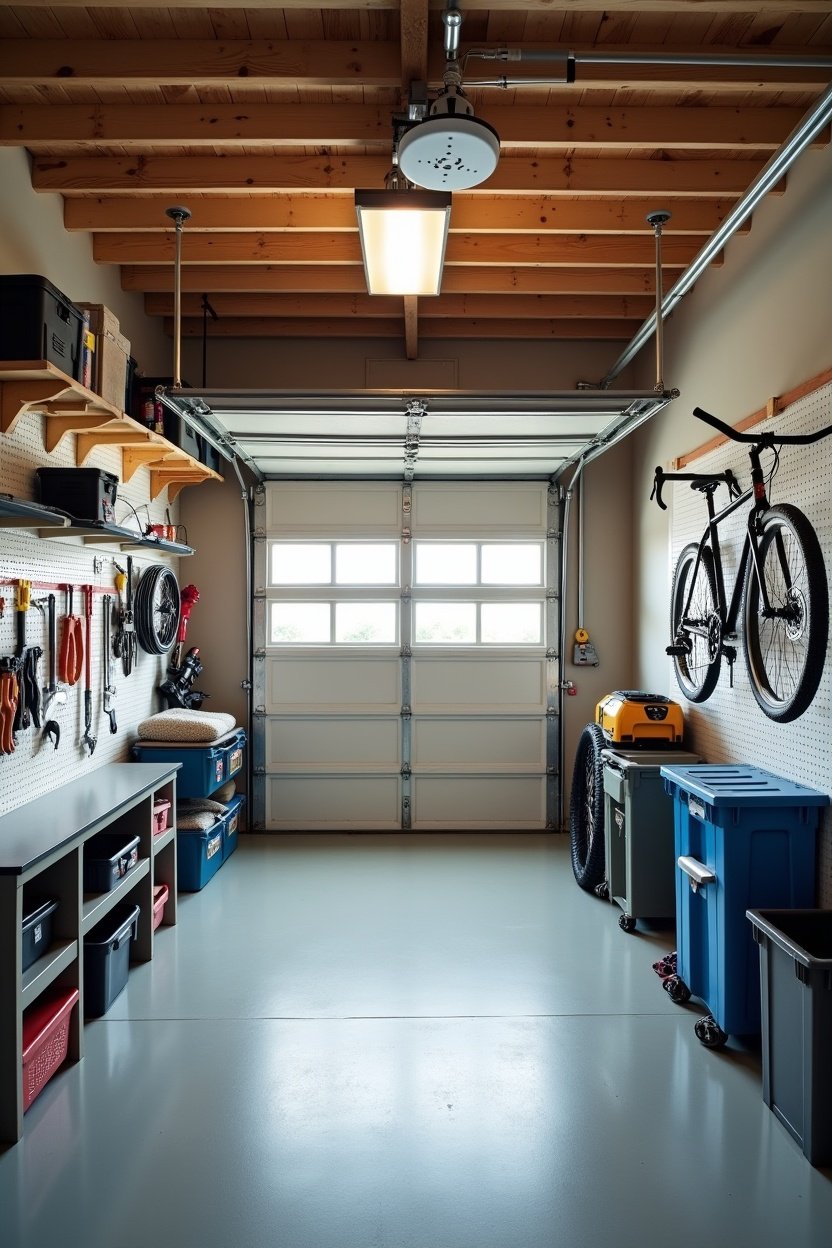Perfectly organized residential garage with wall-mounted shelving, pegboard tools, clear concrete floor, bright LED lighting, labeled storage bins, bike on wall hook, clean and spacious