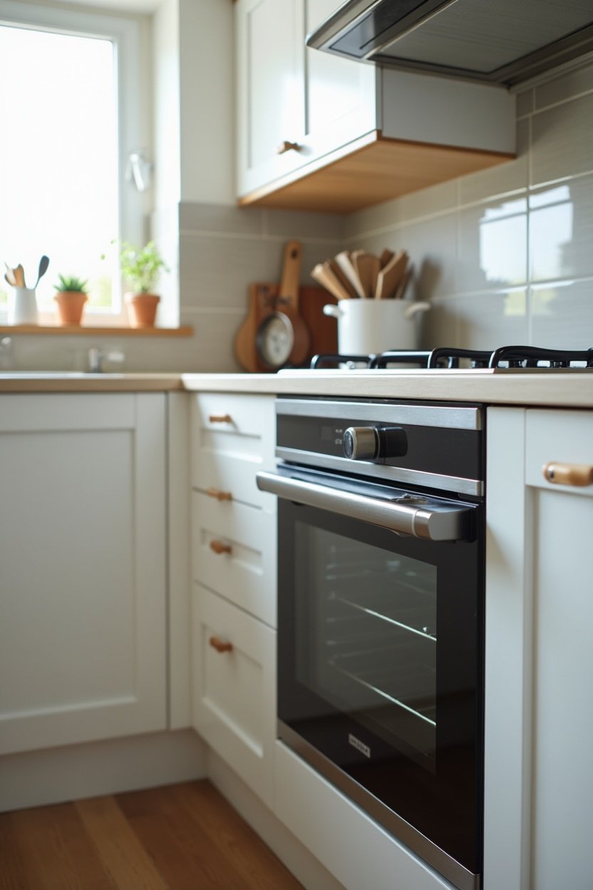 Perfectly clean oven door glass reflecting kitchen light, the entire oven front sparkling and streak-free, modern kitchen setting with white cabinets, bright and satisfying result