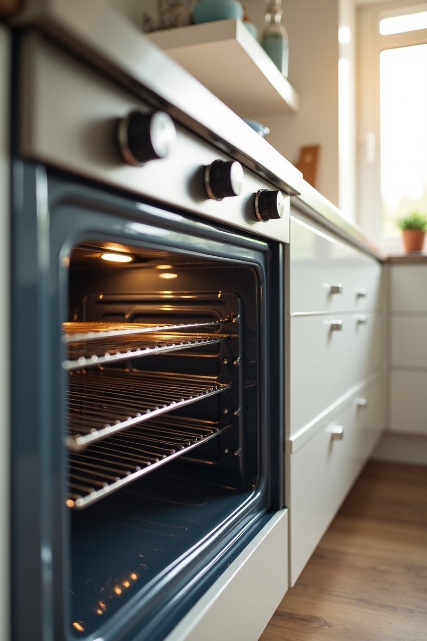 Sparkling clean oven interior viewed through open oven door in modern white kitchen, gleaming enamel surfaces, wire racks perfectly clean, bright warm kitchen light, satisfying cleanliness