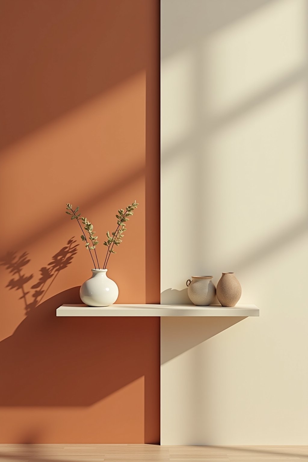 Close-up of color blocking paint detail where terracotta meets cream on a wall, sharp clean paint line, small floating shelf at the junction with a ceramic vase and small plant, shallow depth of fi...