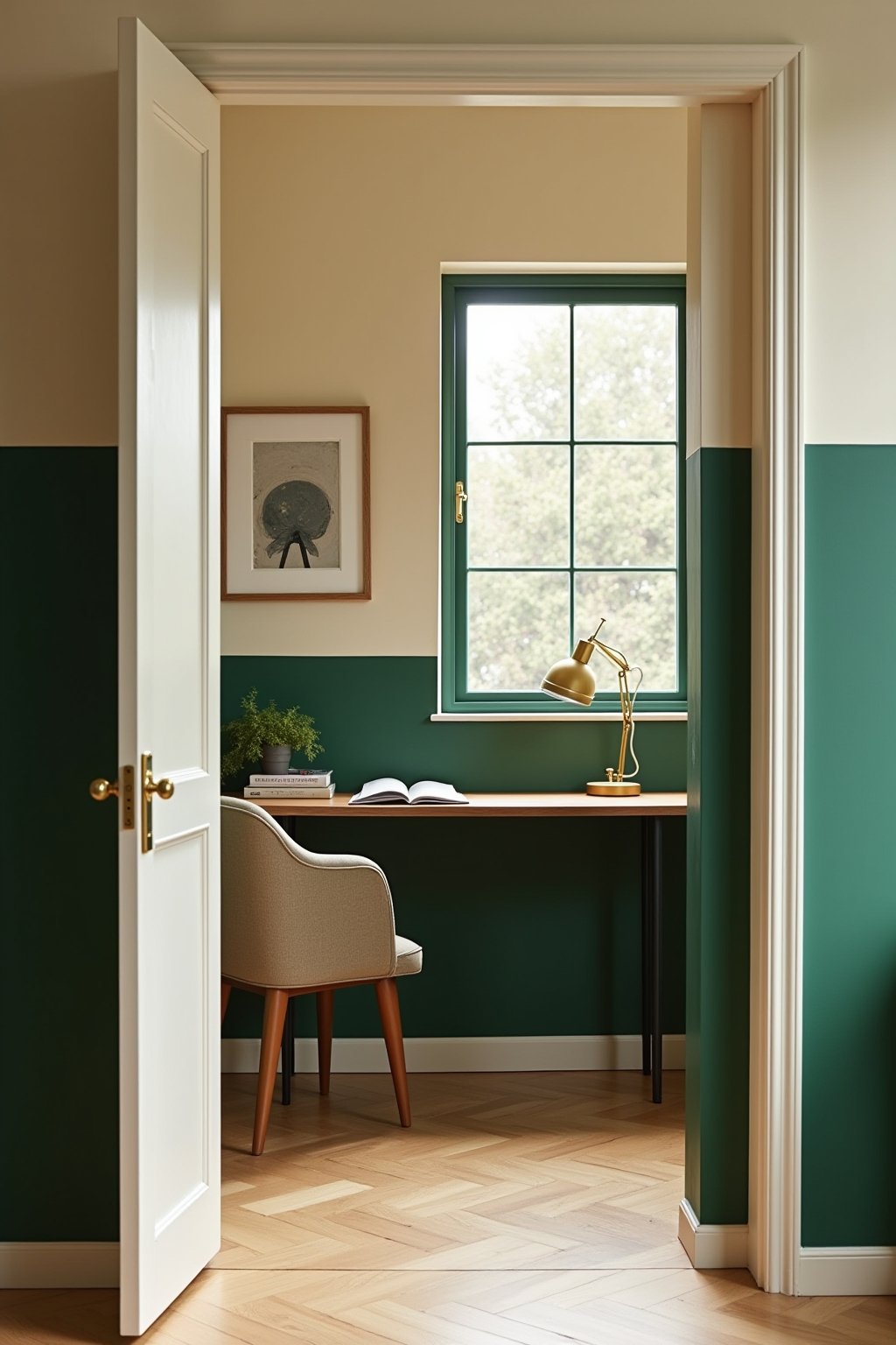 View from doorway of a color-blocked home office, forest green lower half and cream upper half, wooden desk against the green section, brass desk lamp, framed art on the green portion, natural dayl...