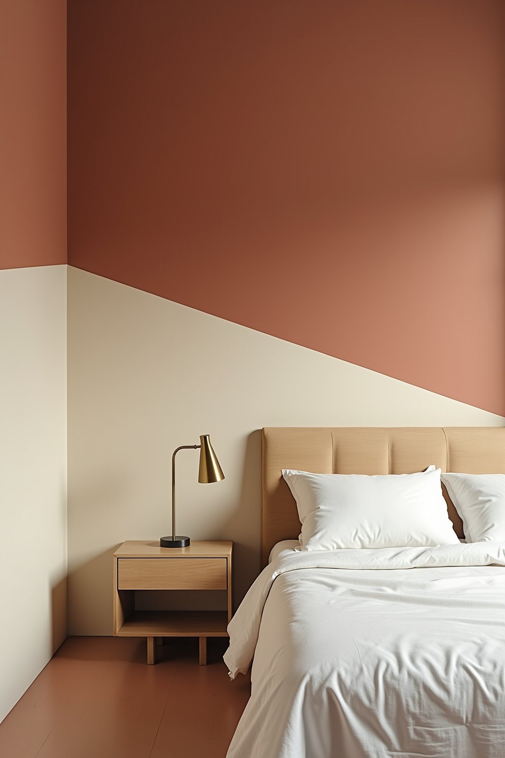 A modern bedroom with color-blocked wall, deep terracotta painted on the lower third meeting warm cream on the upper portion, clean geometric line at headboard height, light wood bed frame with whi...
