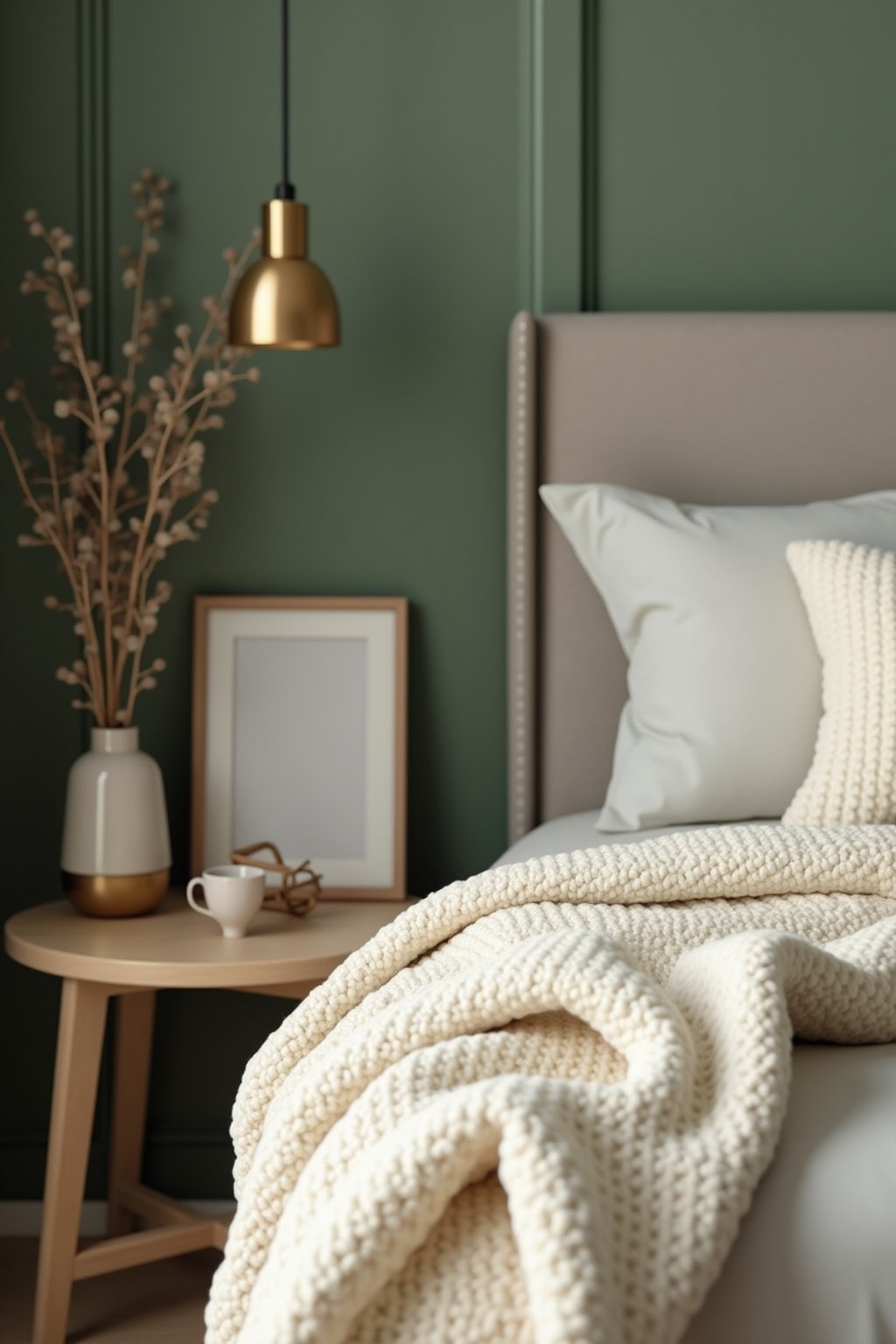Close-up of bedroom styling details in a sage green color-drenched room, cream knit throw blanket draped over bed corner, brass picture frame on nightstand, small ceramic vase with dried eucalyptus...