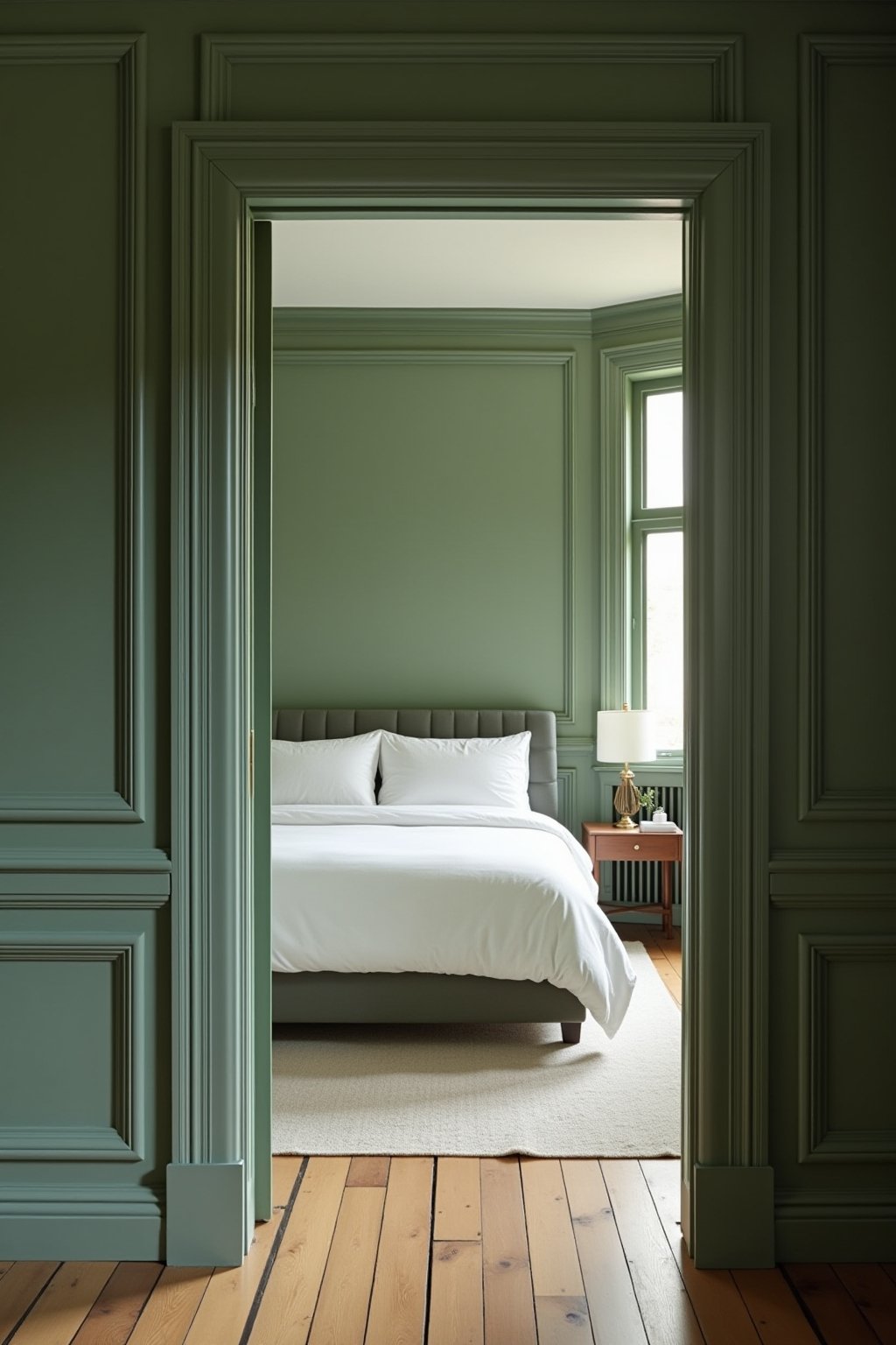 View from bedroom doorway looking into a color-drenched sage green bedroom showing depth of the room, matching painted door frame and trim, bed centered with white bedding, natural light from windo...