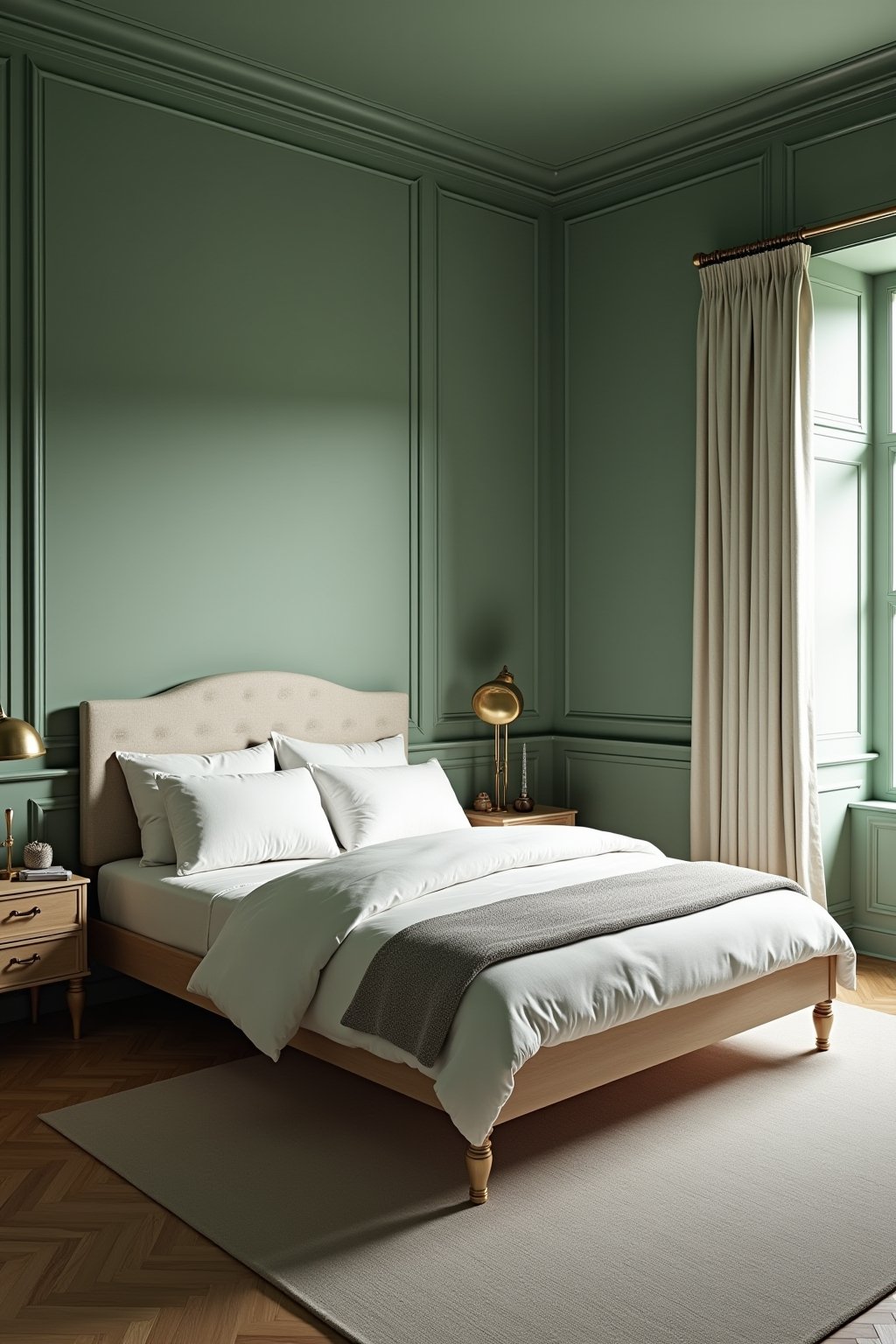 A beautifully color-drenched bedroom painted entirely in deep sage green, walls ceiling and trim all the same color, white linen bedding on a light wood bed frame, brass reading lamp on nightstand,...