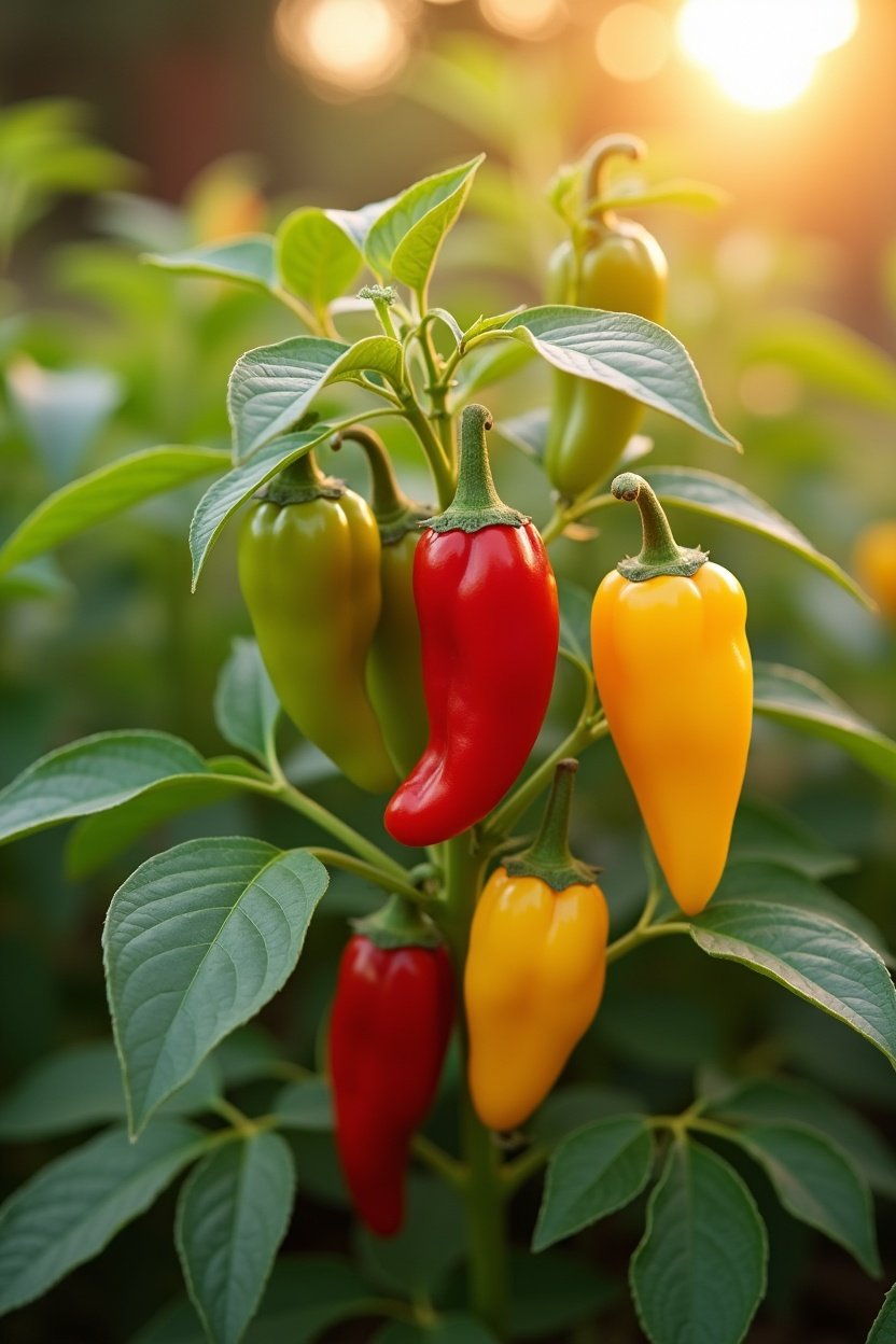 Healthy pepper plant loaded with ripe colorful peppers: red bell peppers, yellow sweet peppers, and green jalapenos growing in sunny raised bed garden, lush foliage, warm summer light