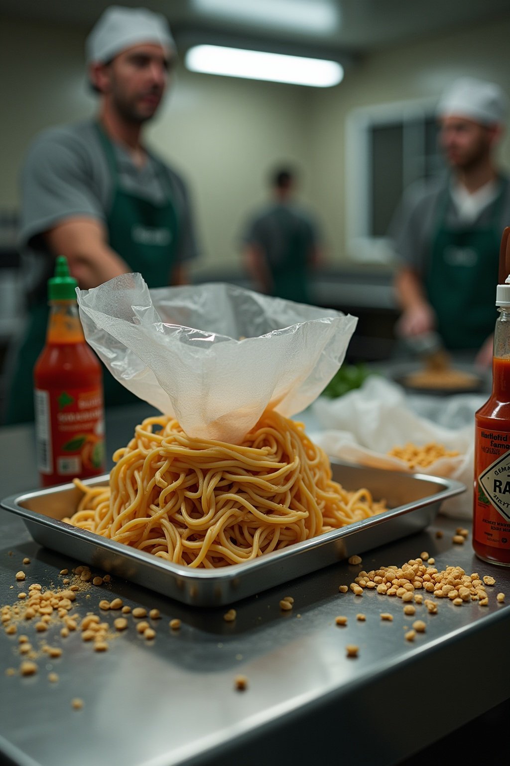 Peanut butter being mixed into cooked ramen noodles in a plastic bag on a metal tray, soy sauce packets and sriracha bottle nearby, crushed peanuts in a pile, institutional harsh lighting