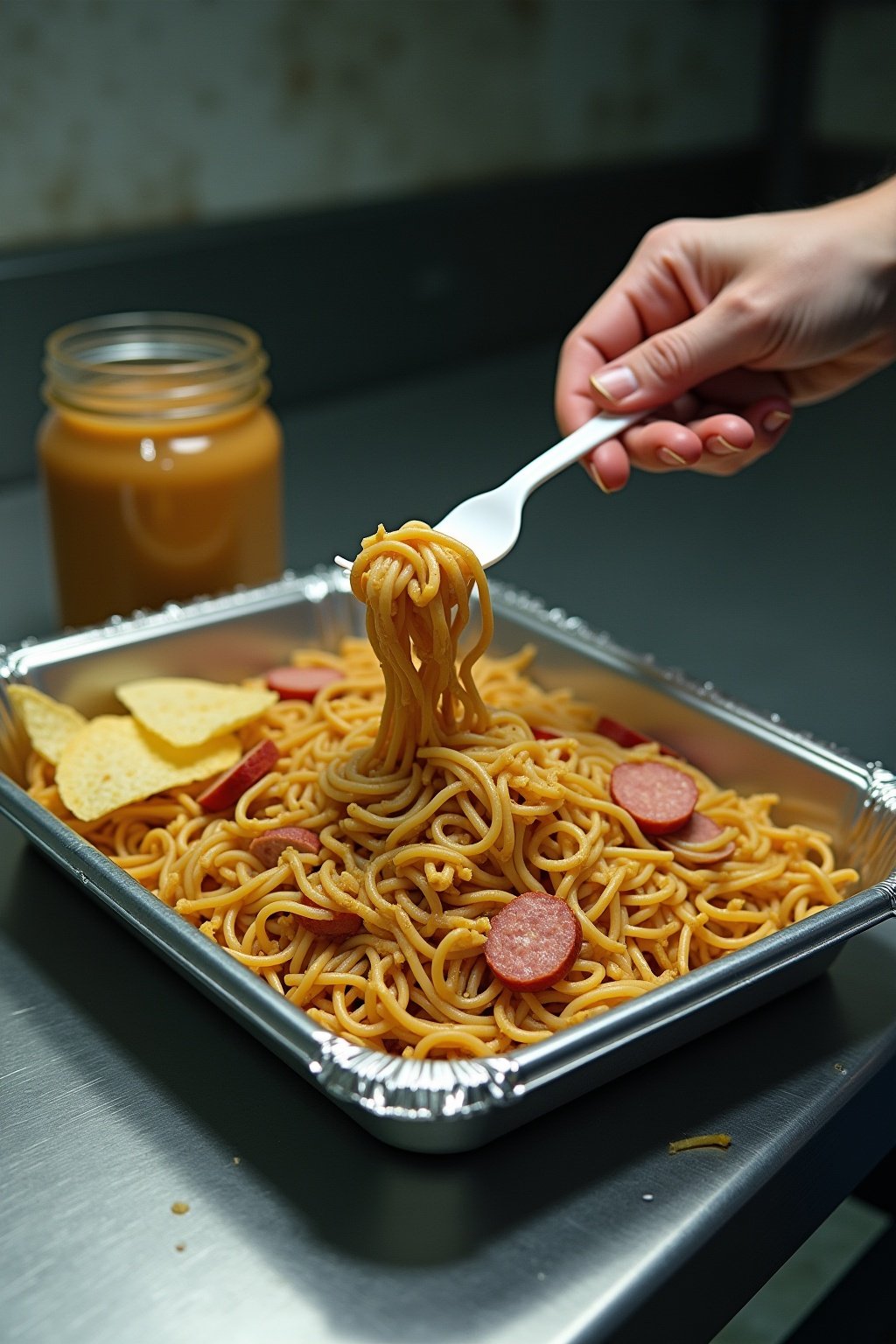 Commissary pad thai being eaten with a plastic spork from a metal tray, peanut butter coated ramen noodles with sausage slices and crushed chips, empty ramen wrappers and peanut butter jar around, ...