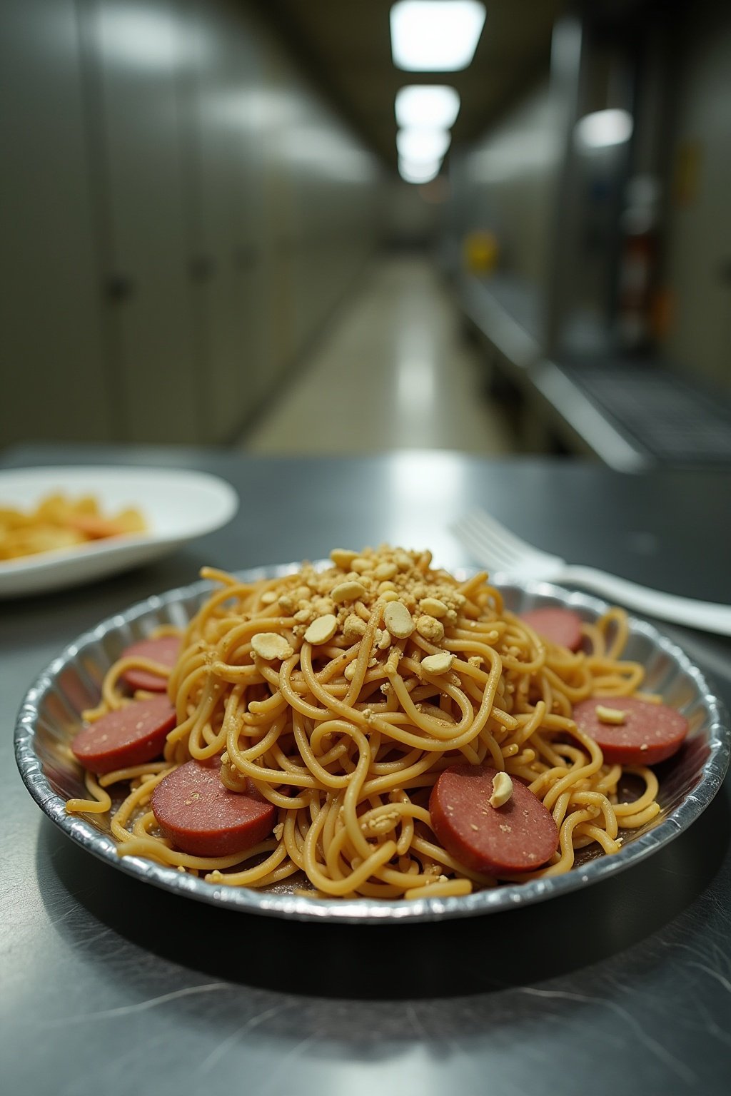 Prison pad thai on a metal cafeteria tray, ramen noodles coated in peanut butter sauce with sliced summer sausage, crushed peanuts and corn chips on top, sriracha squeeze nearby, plastic spork, bar...