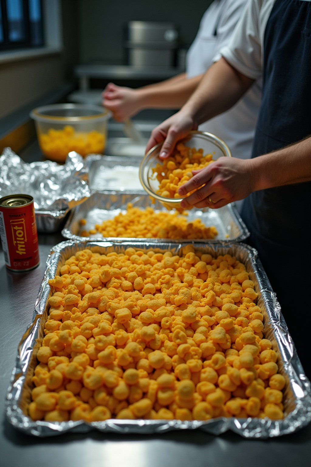 Crushed fritos corn chips being mixed with hot water to form dough on a metal tray, chili can opened nearby, squeeze cheese tube, aluminum foil sheets ready for wrapping, hands forming tamale dough...