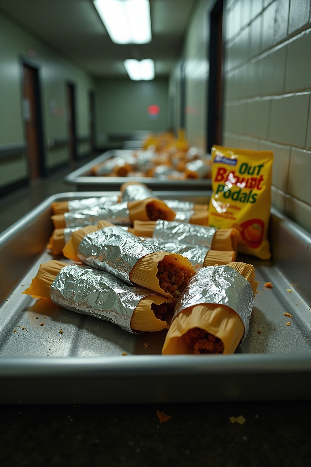 Multiple foil-wrapped commissary tamales stacked on a metal tray, one opened showing the filling, hot sauce packets and empty fritos bag around it, concrete surface, fluorescent lighting