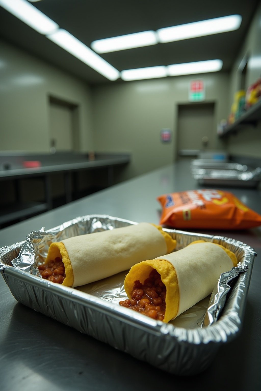Commissary tamales wrapped in aluminum foil on a metal cafeteria tray, one unwrapped showing corn chip dough with chili and cheese filling inside, crushed fritos bag nearby, bare institutional table