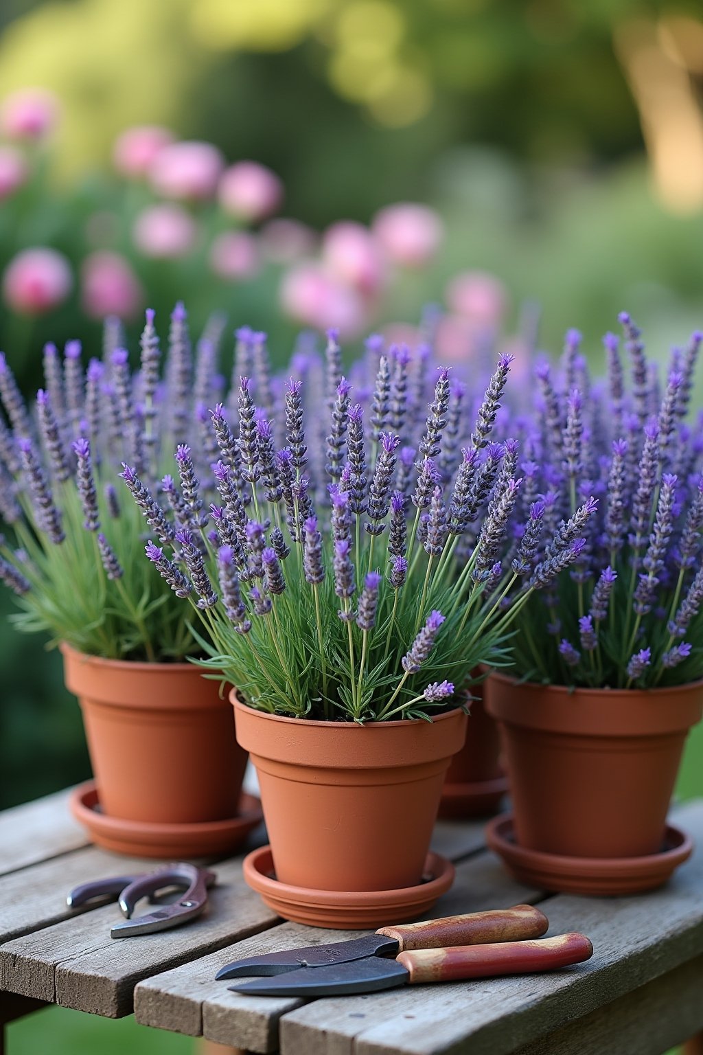 Close-up of lavender varieties side by side for comparison: deep purple English lavender Hidcote, lighter blue Munstead lavender, and Spanish lavender with distinctive rabbit ear petals, all in ter...