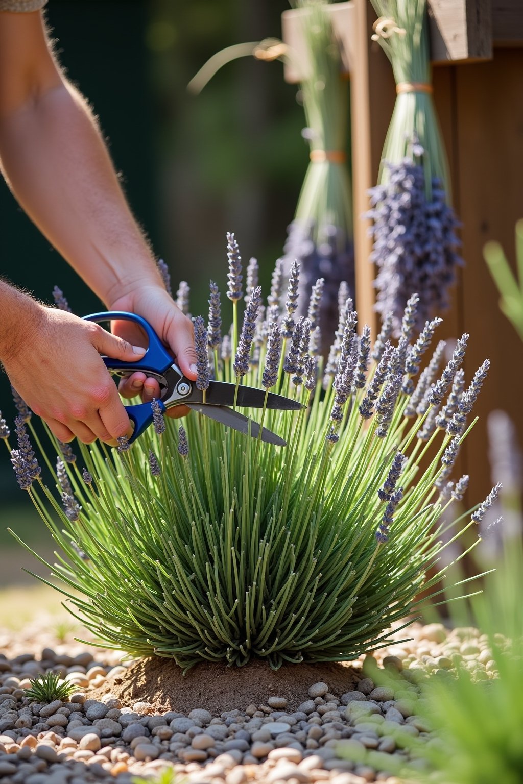Hands using sharp pruning shears to prune a lavender plant into a neat mound shape in a sunny garden, showing the green growth being trimmed with woody base visible below, gravel mulch around the p...