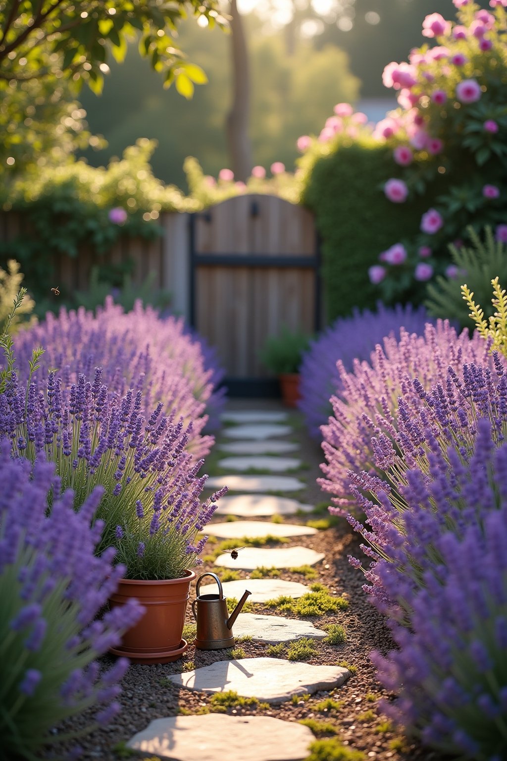 A stunning lavender field-style garden bed with rows of English lavender in full purple bloom, a rustic stone path winding through the lavender, a few terracotta pots with rosemary and thyme beside...