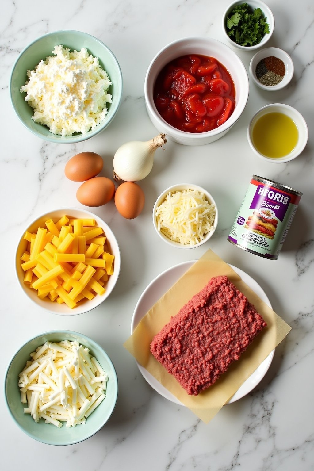 Flat lay mise en place of cottage cheese lasagna ingredients on a marble countertop, bowl of cottage cheese, bowl of shredded mozzarella, can of crushed tomatoes, raw lasagna noodles, ground beef o...