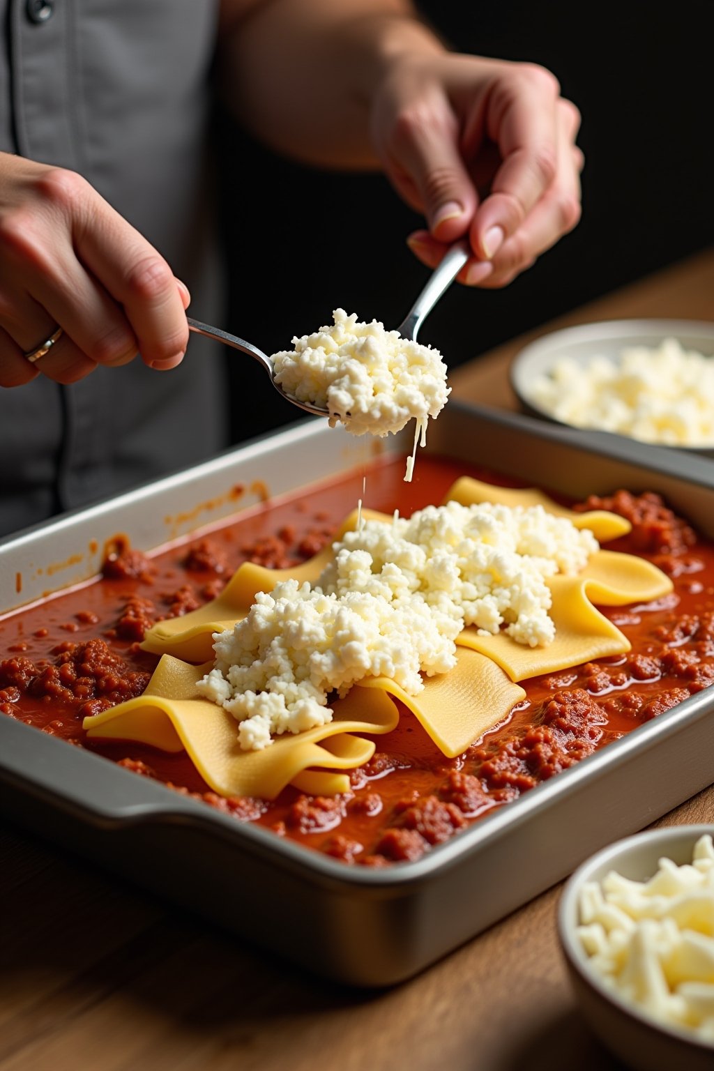 Action shot of hands layering cottage cheese mixture with a spoon over lasagna noodles in a 9x13 baking dish, rich red meat sauce visible underneath the noodles, bowl of shredded mozzarella cheese ...