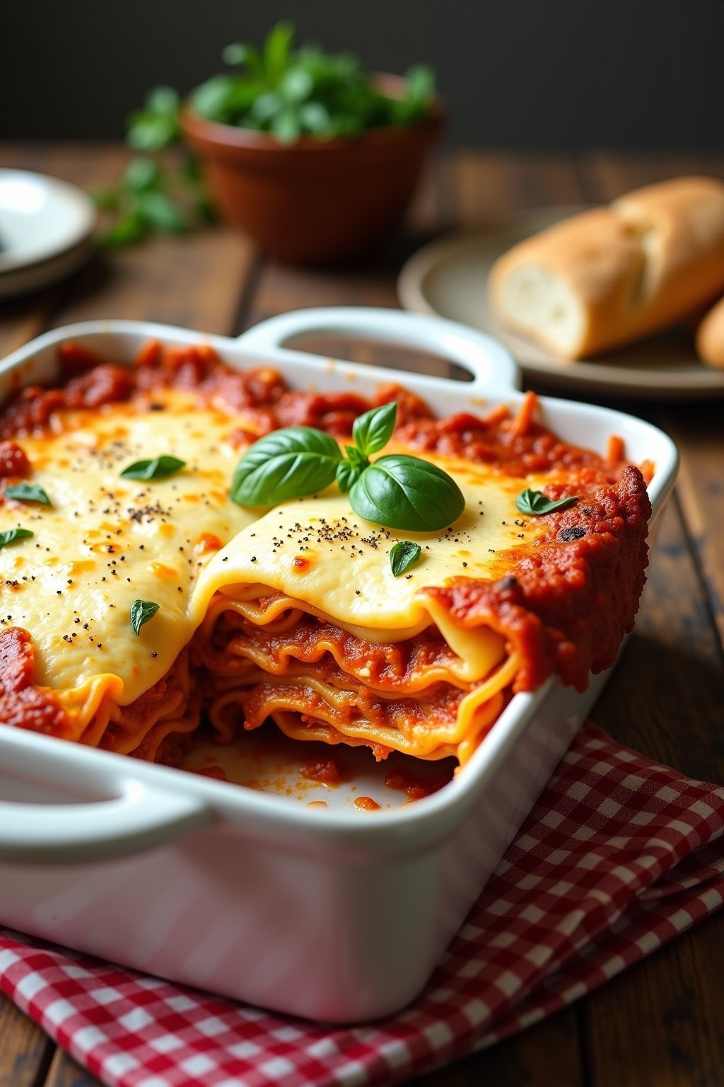 Beautiful cottage cheese lasagna in a white 9x13 baking dish, golden bubbly mozzarella cheese on top with crispy brown edges, one slice cut and lifted showing layers of pasta noodles with creamy wh...
