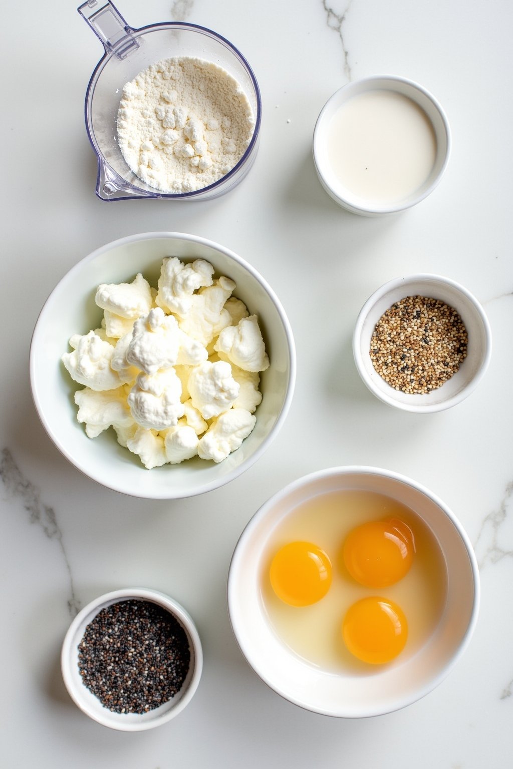 Flat lay of bagel ingredients — bowl of cottage cheese, cup of self-rising flour, eggs, small container of Greek yogurt, small bowls of everything bagel seasoning, sesame seeds, poppy seeds, salt, ...