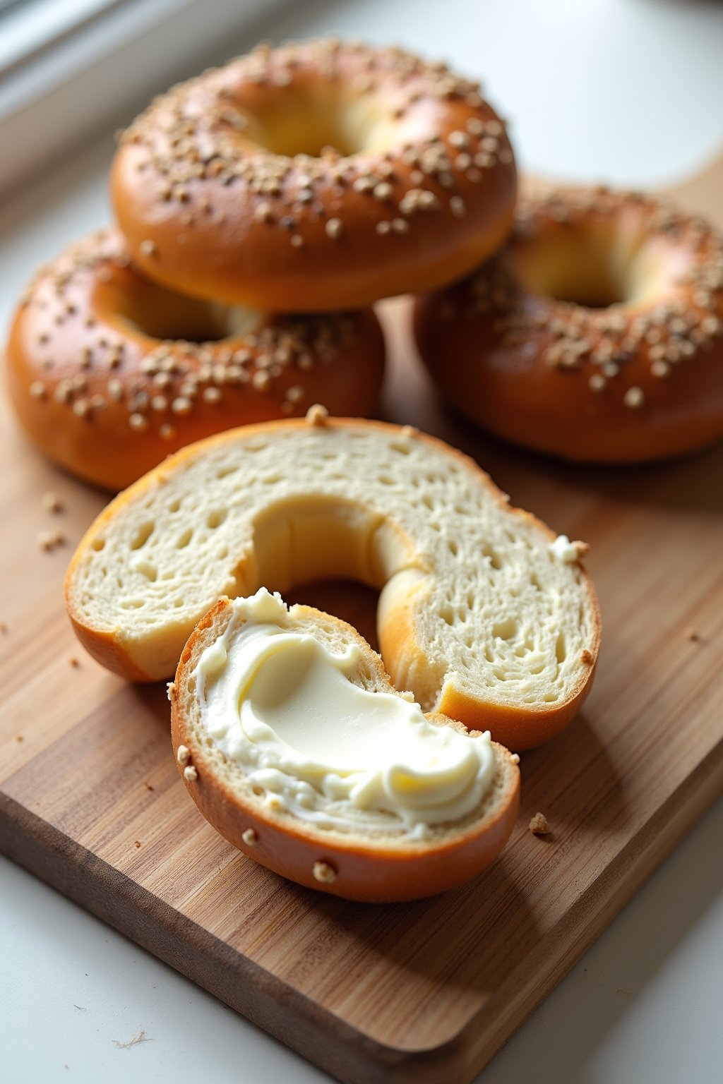 Cottage cheese protein bagels on a wooden cutting board, four golden-brown bagels with everything bagel seasoning on top, one bagel sliced open showing soft fluffy interior, cream cheese spread vis...
