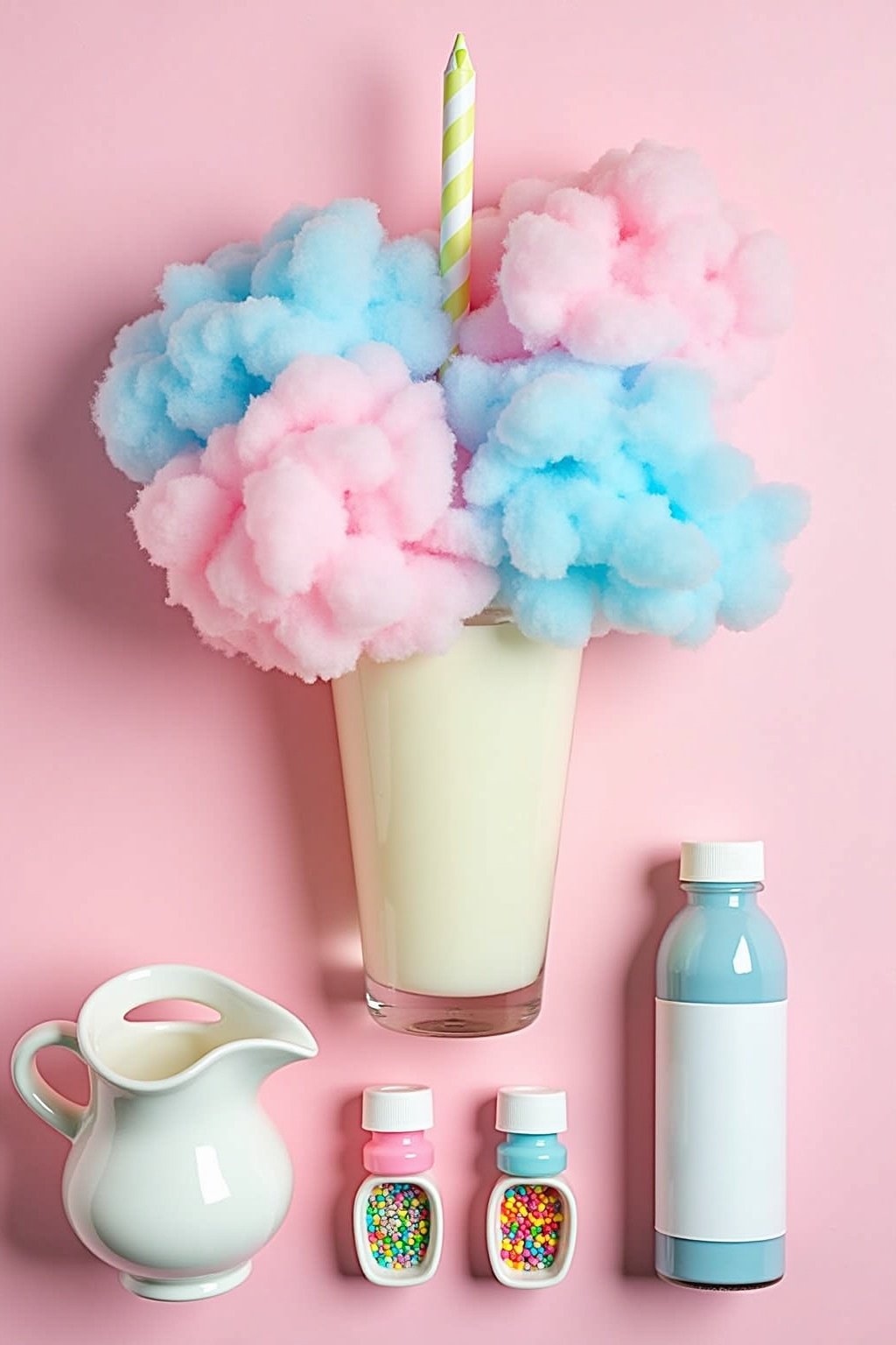 Flat lay of unicorn milkshake ingredients on a pastel pink surface, bowl of vanilla ice cream, pink and blue cotton candy clouds, small bottles of pink and blue food coloring, rainbow sprinkles and...