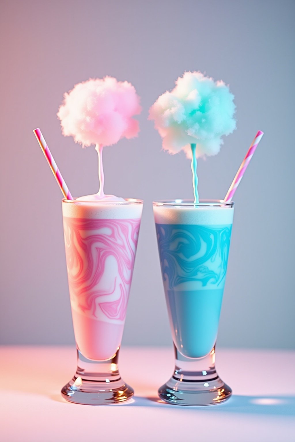 Two portions of milkshake being poured simultaneously into a glass one pink one blue creating a swirled pastel marble effect, chopstick creating swirl patterns, cotton candy cloud waiting to be pla...