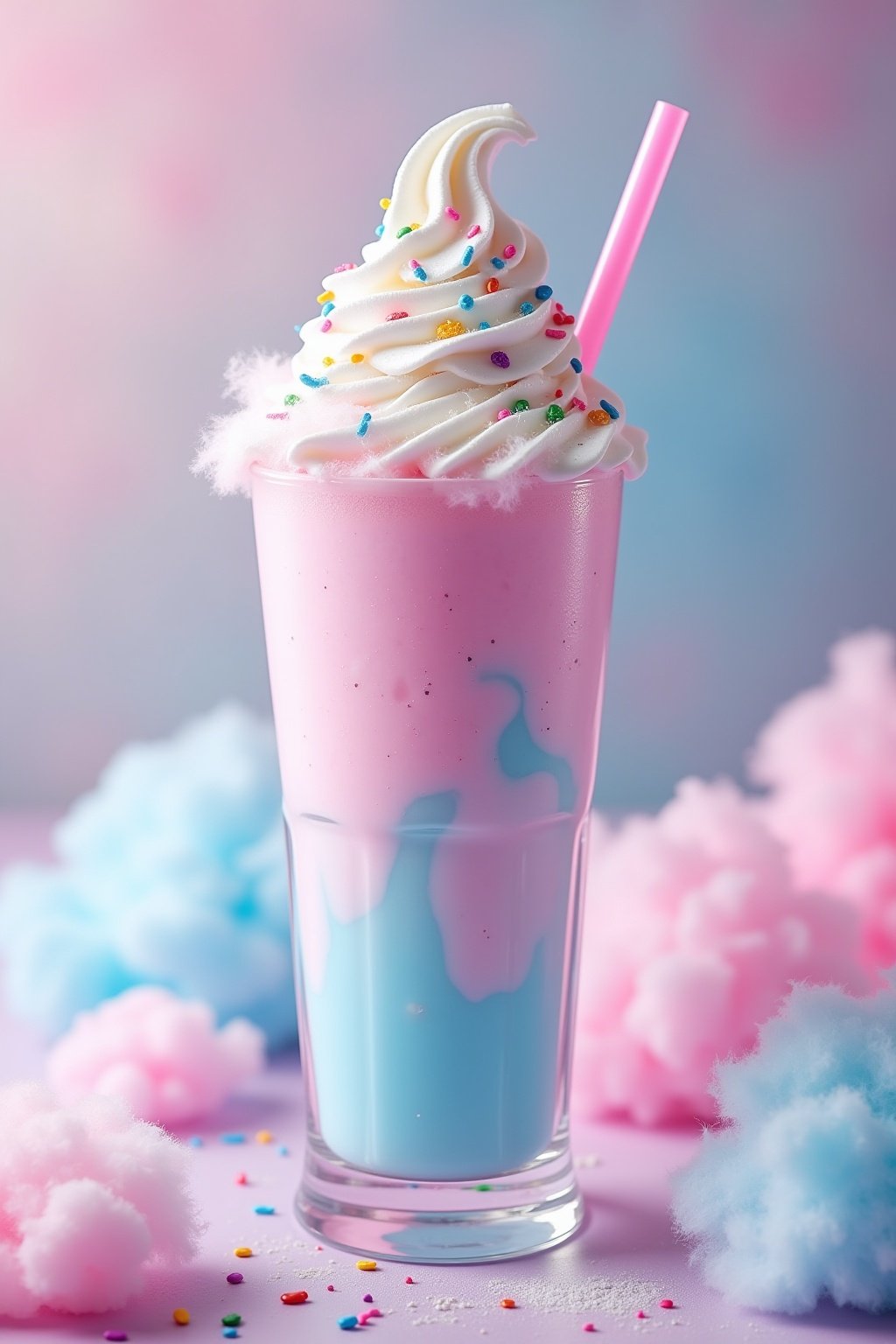 Tall magical cotton candy unicorn milkshake in a clear glass with straw, swirled pastel pink and blue creamy milkshake, condensation and frost droplets on the glass, topped with a cloud of pink and...