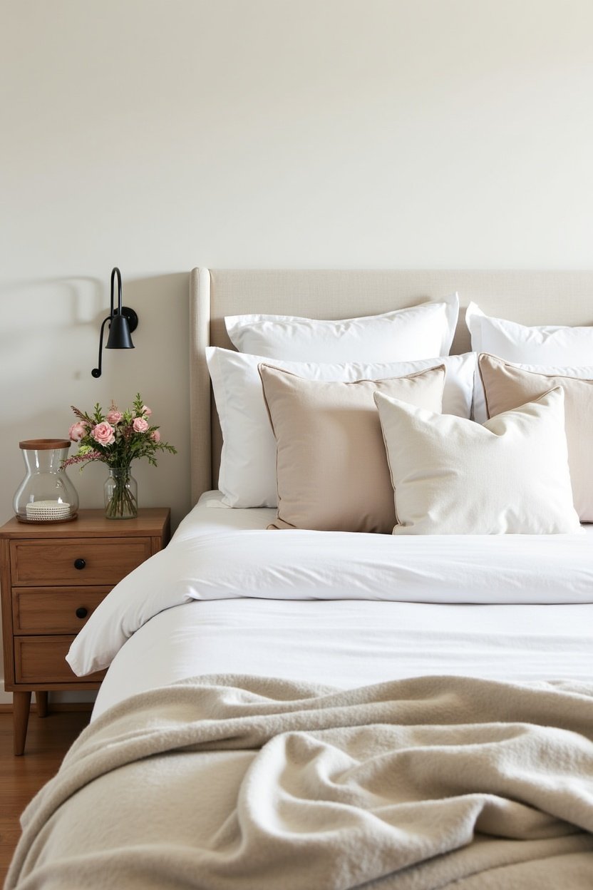 Beautifully styled guest bedroom with layered white and cream bedding, multiple pillows, linen throw draped at foot of bed, wooden nightstand with lamp and water carafe, fresh flowers in small vase, warm inviting atmosphere