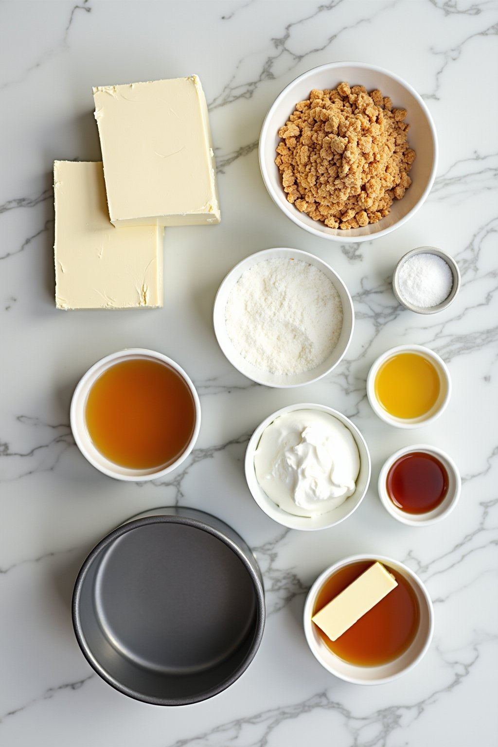 Flat lay of cheesecake ingredients on a marble counter, blocks of cream cheese, graham cracker crumbs, eggs, sour cream, sugar, butter, vanilla extract, springform pan, overhead food photography, c...