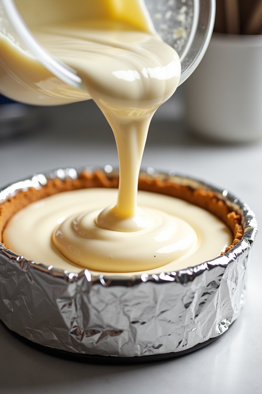 Action shot of smooth cheesecake batter being poured into a graham cracker crust in a springform pan wrapped in foil, creamy white batter flowing over the golden crust, kitchen baking scene, clean ...