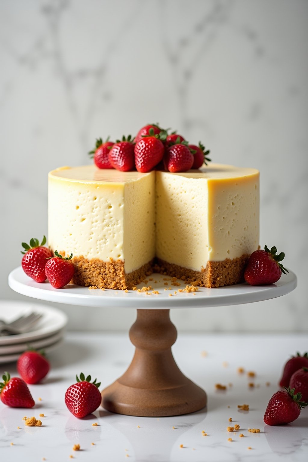 Whole New York style cheesecake on a cake stand, tall dense cream-colored cheesecake with golden graham cracker crust visible on the sides, perfectly smooth top without cracks, one elegant slice cu...