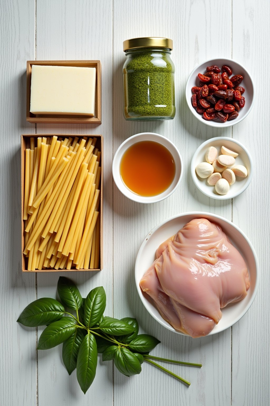 Flat lay of ingredients for creamy pesto pasta — box of penne, jar of green basil pesto, block of Parmesan cheese, heavy cream, sun-dried tomatoes, raw chicken breast, garlic cloves, chicken broth,...