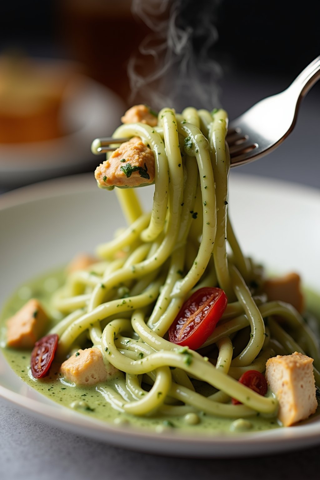 Close-up of a fork twirling creamy pesto pasta from a white bowl, the pasta coated in thick green cream sauce with visible pieces of chicken and sun-dried tomatoes, cheese stretching slightly, stea...