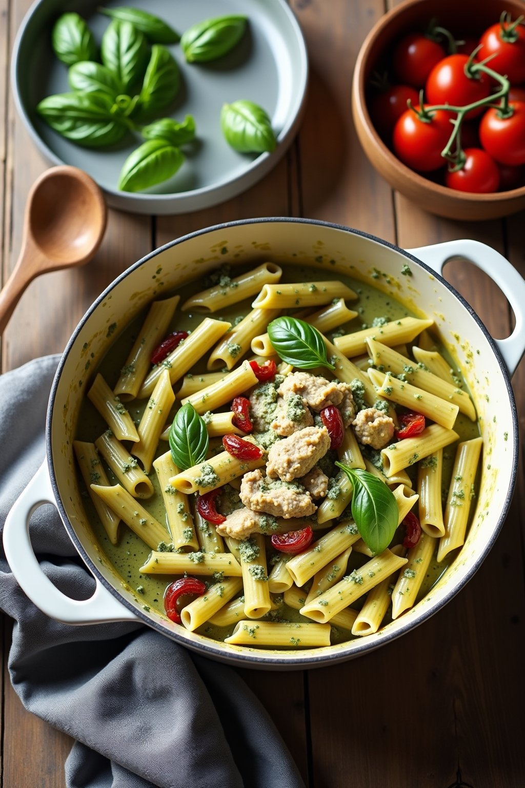 Creamy one-pot pesto chicken pasta in a large white Dutch oven, penne pasta coated in glossy green pesto cream sauce with golden chicken pieces, sun-dried tomatoes, and fresh basil leaves on top, g...