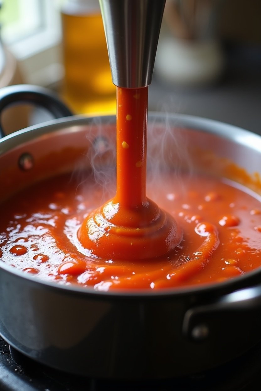 Immersion blender pureeing tomato soup in a large pot, rich red color, steam rising, kitchen scene, cooking process food photography