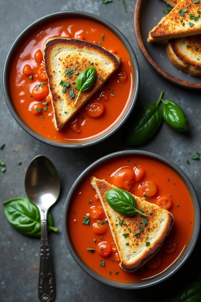 Overhead view of two bowls of creamy tomato soup with grilled cheese sandwiches cut in triangles, fresh basil scattered, rustic table setting, comfort food photography